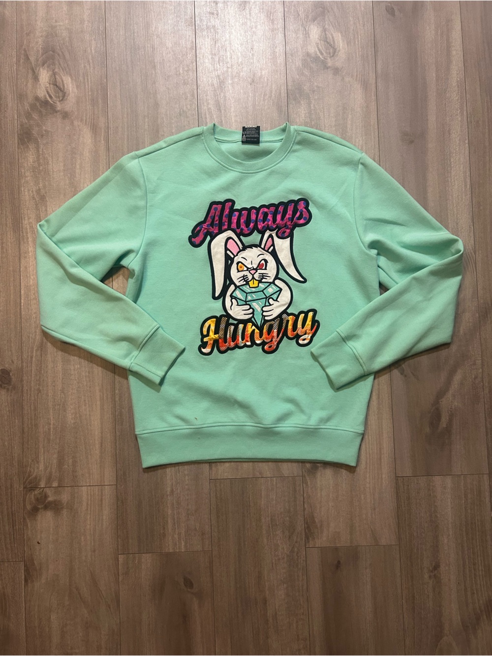 Mint Crewneck Sweatshirt with 'Always Hungry' Bunny Graphic - Men